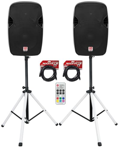 Rockville SPGN124 12" Passive 1200W DJ PA Speaker Pair with LED Stands | 1200W Peak / 300W RMS Each, 4-Ohm, Speakon, PARTY STAND LED Tripod Stands, RGB Remote, 2 RCTS1425 Cables, 5-Items