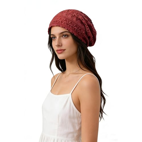 Crochet Slouchy Beanie Hat Handmade Knit Slouchy Floral Skull Hat Cutout Hats for Women Lightweight Knitted - color: G-burgundy