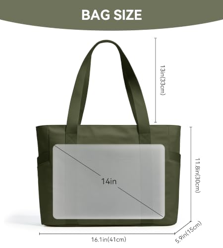 WLLWOO Large Tote Bag, 14” Laptop Work Travel Bag with Trolley Sleeve | Multi Pocket Water Splash Zipper Shoulder Handbag for Women Daily Nurse Gym Commute - color: Army Green