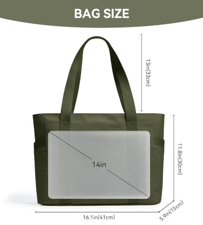 WLLWOO Large Tote Bag, 14” Laptop Work Travel Bag with Trolley Sleeve | Multi Pocket Water Splash Zipper Shoulder Handbag for Women Daily Nurse Gym Commute - color: Army Green
