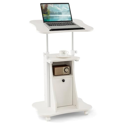 Moccha Lectern Podium Stand, Height Adjustable Sit to Stand Desk w/ 180° Tilting Tabletop, Storage Cabinet, Lockable Casters, Rolling Lectern Cart Laptop Desk for Home, Office, School (White) - color: White