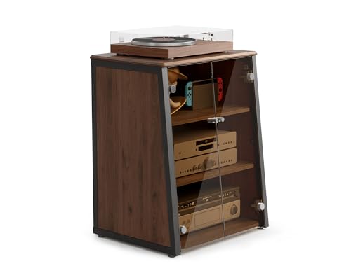 FITUEYES 4-Tier Media Stand with Brown Glass Doors Audio Rack with Adjustable Shelves Stereo Cabinet Protection Equipment for Vinyl Record Player Stereo Receivers Audio Gear, Eiffel Series