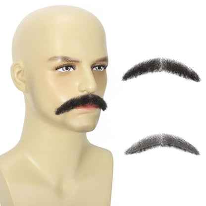 Parceria Realistic Mustache, Natural Looking Costume Facial Hair, Human Hair Curly Fake Beard and Mustache, Trimmable and Customizable Beard Invisible Lace for Men (QSH Black Beard) - color: QSH Black Beard