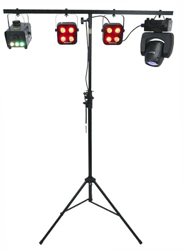Rockville RVLS60 9-Foot Portable Tripod DJ Lighting T-Bar Stand with Bag | 60 lb Capacity, Extends to 9 Feet, Collapses to 45", Heavy-Duty Steel, 8 Hanging Bolts, Safety Pins, 42" T-Bar