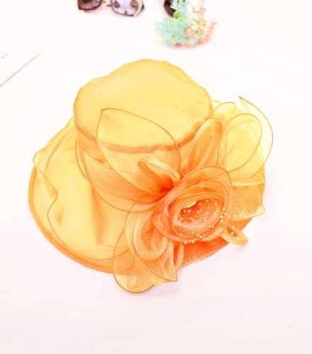 Women Derby Fascinator Hat Organza Church Wedding Hats Wide Brim Cocktail Tea Party Hat - color: 08 Orange