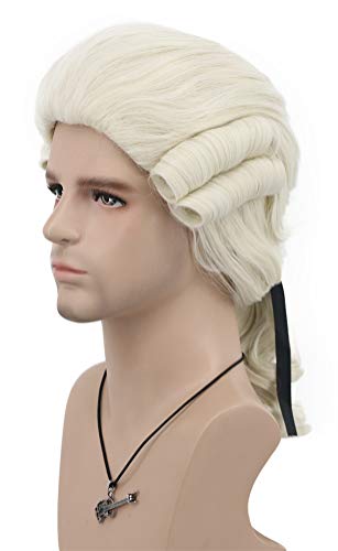 VGbeaty Men Long Curly Beige Colonial Judge Wig | Halloween Costume Cosplay Wig - color: beige