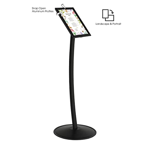 M&T Displays Simplistic Curved Menu Board Black Pedestal Sign Holder Floor Standing Aluminum Front Loading Easy Open Poster Advertisement Sign Holder for Restaurant Cafe Hotel (Black, 8.5x11 inch) - size: 8.5x11 inch