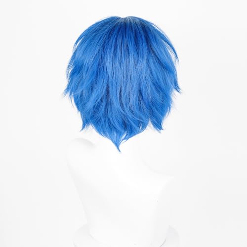LABEAUTÉ Short Blue Anime Cosplay Wig Male Men Anime Layered Unisex Heat Resistant Hair Wig with Bangs for Party and Halloween for Gift + Free Cap - color: Blue