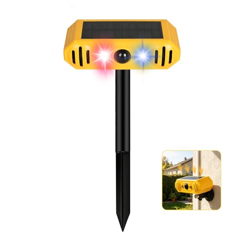 Solar Ultrasonic Animal Repellent -Cat Repellent Outdoor with 13 Predator Sounds & Strobe Lights for Dog Deer Raccoon Squirrels 2-in-1 Stake or Wall Mount for Yard Garden Farm & Patio