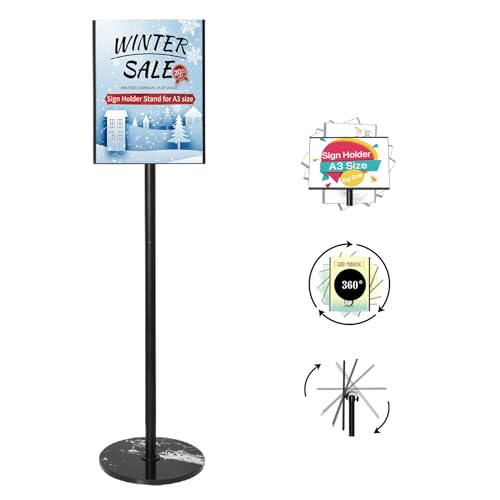 Heavy Duty Sign Stand, Floor Poster Board Stand, Adjustable Metal Sign Holder Height Up to 60 Inches and 180° Rotation Display Standing Pedestal for Board & Foam (Black-A3-1PC) - color: Black-A3-1PC
