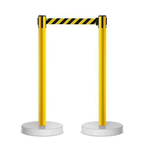 Crowd Control Warehouse - CCW Set of 2 Retractable Belt Barrier Stanchion, Water Fillable Base MSH630-11 Foot Belt, Black and Red Diagonal with Black PVC Plastic Post - color: Black and Red Diagonal, size: Black Post