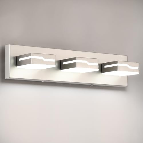 3-Light LED Bathroom Vanity Light, 19 Inch Modern Brushed Nickel | Vanity Light Fixture, Dimmable Bathroom Lighting Over Mirror with 350° Adjustable Acrylic Heads, 5500K Daylight White - color: Nickel-5500K-Dimmable, size: 3-Light, 19-inch