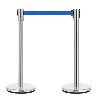DuraSteel Crowd Control Barriers Line Dividers - Silver Stanchion Stainless Steel Posts with 6.5ft Blue Retractable Belt Ropes - for Store Queues, Airport Lines, Event Entries - 2 Set/Pack - color: Blue Belt, style: Silver Stanchion 2 Pieces Set