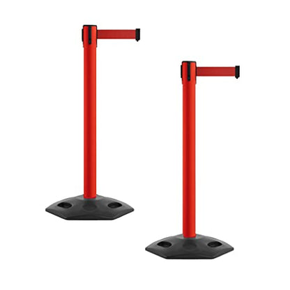 Montour Line MSR650 Set of 2 Retractable Belt Barrier Stanchion, Heavy-Duty Rubber Base, Red Steel Post (16 ft Red Belt) - color: Red, size: Red Steel