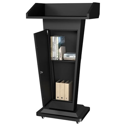 MOOFI Heavy-Duty Black Metal Podium Stand with Lockable Wheels | Mobile Lectern with Storage Cabinet & Standard 50.4" Height | for Conference Rooms, Churches, Classrooms & Events - color: Black