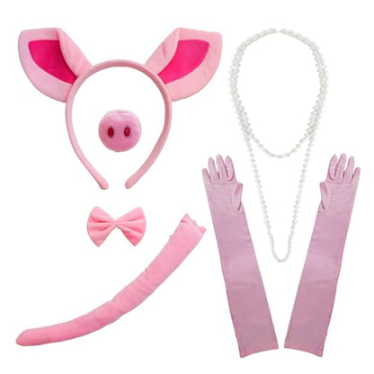 6 Pieces Pig Costume Set Animal Ears Headband with Bow Tie Tail Glove Necklace Halloween Pig Ears Headband Pink Pig Cosplay Set for Cosplay Costume Party Accessories