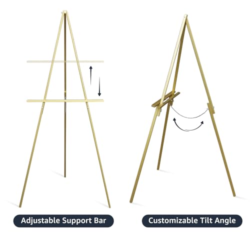 NianFeng Wooden Easel Stand for Sign, Easel Display Stand Floor for Wedding Sign with Adjustable Tray, 63-Inch, Tripod A-Frame Poster Light Duty, Welcome, Art Show & Baby Shower (Golden) - color: Golden