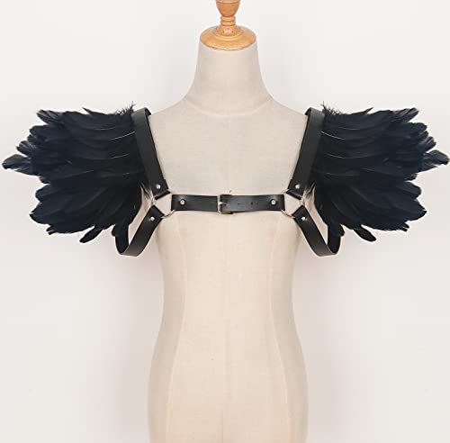 L'VOW Men Gothic Natural Real Feather Epaulet Shrug Shoulder Strap for Halloween Costume - Pack of 2 - color: C-belt Black