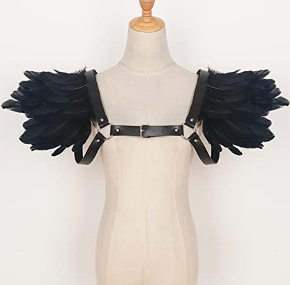 L'VOW Men Gothic Natural Real Feather Epaulet Shrug Shoulder Strap for Halloween Costume - Pack of 2 - color: C-belt Black