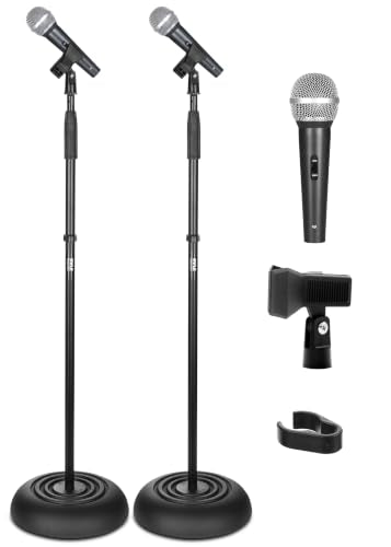 Pyle 2 Microphone Stand with Mic Kit – Dual Adjustable Mic Stands, Dynamic Cardioid Microphones, 3M XLR Cables & Heavy-Duty Bases for Singing, Podcast & Recording - style: Pack 2