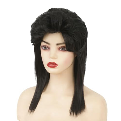 Black Mullet Wigs with Bangs for Women 80s Wigs Natural Looking Synthetic Shoulder Length Hair Cosplay Daily Wig (Black) - color: Natural Black