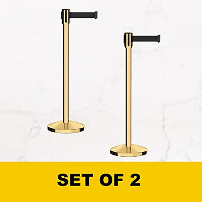 Montour Line M530 Set of 2 Retractable Belt Barrier Stanchion, Sloped Base, Polished Brass Post (7.5 ft Black with"This LINE Closed" White Letters Belt) - color: Black with "THIS LINE CLOSED" White Letters, size: 7.5 ft