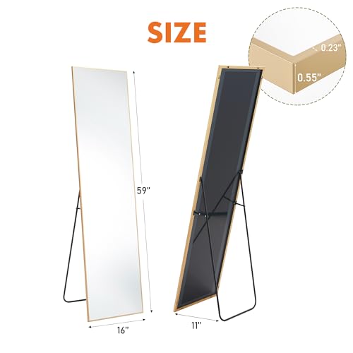 OLIXIS Full Length Mirror 59"x16.3" for Bedroom, Full Body Mirror with Stand, Hanging or Leaning for Wall, Aluminum Alloy Thin Frame Floor Standing for Living Room, Long, Gold