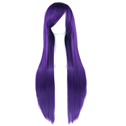 80cm Long Straight Natural Hair Cosplay Wigs with Bangs Colorful Halloween Costume Party Wig for Women (Dark Purple) - color: Dark Purple