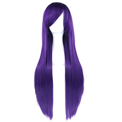 80cm Long Straight Natural Hair Cosplay Wigs with Bangs Colorful Halloween Costume Party Wig for Women (Dark Purple) - color: Dark Purple