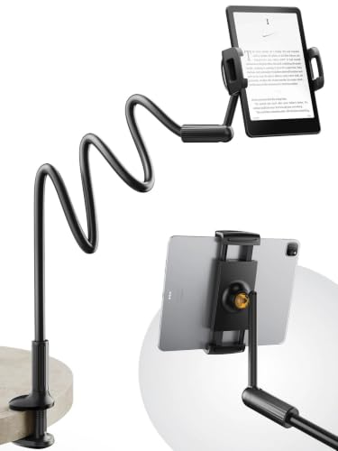 SAIJI 47" Extended Gooseneck Kindle Holder with Adjustable Double Joint-Arm | Flexible Tablet Holder for Bed With 3.14" Upgraded Base Phoe holder Compatible iPad , Kindle or Other 4.7-11" Device, Black - color: Black