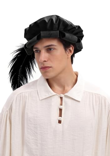 Renaissance Roll Hem Beret for Men Medieval Tudor Slit Hat with Feather Fantasy Costume Accessories - color: Black
