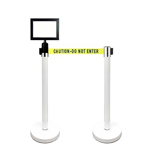 Retractable Stanchion, 6 SPECIALTY Posts + Signframe, 36" Ht, 78" Special Event & Holiday Theme Belt + Bonus Replacement Cassettes + Wall Receiver (WHT Post/Caution Belt) - color: Wht Post/Caution Belt