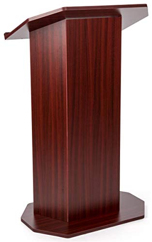 Displays2go Wooden Podium, Mahogany | Podium for Floor, Large Reading Surface, Open Back with Shelf, OLILCTOPBSM - color: Mahogany