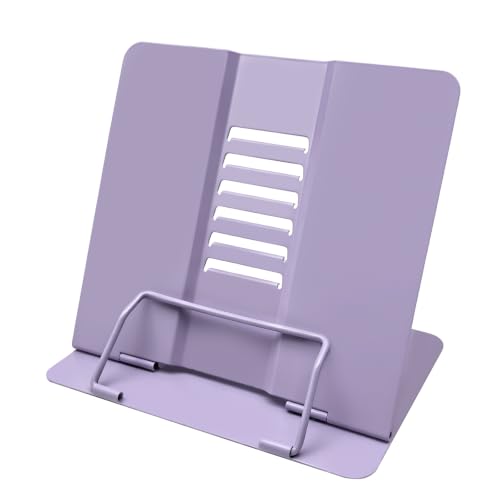 Book Stand, Book Holder, Book Stand for Reading – for Desk & Music | 6 adjustable angles, sturdy metal anti-slip, foldable & compact, holds cookbooks & tablets, great for students - color: Purple
