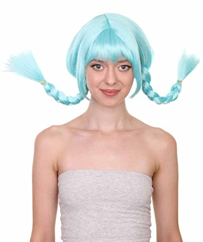 HPO Bavarian Double Braided Wig, Light Blue Color, 100% Cruelty Free, Breathable Capless Cap, Premium Handcrafted Wig, Designed for comfort fit, flame retardent synthetic fiber - color: Light Blue