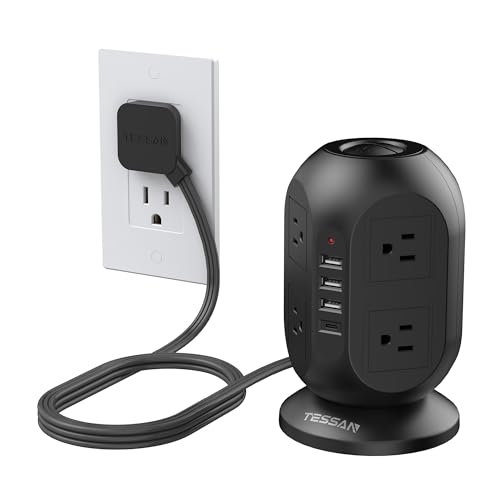 TESSAN Tower Power Strip 10 ft, Long Flat Extension Cord，Multiple Outlets | 8 AC Outlets with 4 USB Ports (1 USB C), Charging Station with Surge Protection, for Home Office Dorm Room Essentials, Black - color: Black, size: 10 Feet (4 USB Ports, 1 USB-C)