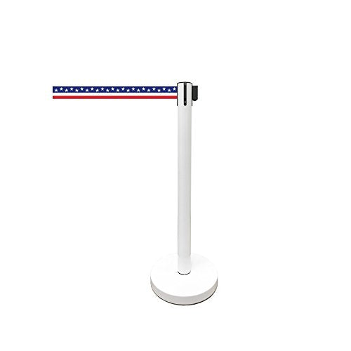 Retractable Stanchion, 6 SPECIALTY Posts + Signframe, 36" Ht, 78" Special Event & Holiday Theme Belt + Bonus Replacement Cassettes + Wall Receiver (WHT Post/July 4th Flag Belt) - color: Wht Post/July 4th Flag Belt