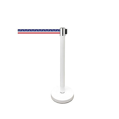 Retractable Stanchion, 6 SPECIALTY Posts + Signframe, 36" Ht, 78" Special Event & Holiday Theme Belt + Bonus Replacement Cassettes + Wall Receiver (WHT Post/July 4th Flag Belt) - color: Wht Post/July 4th Flag Belt