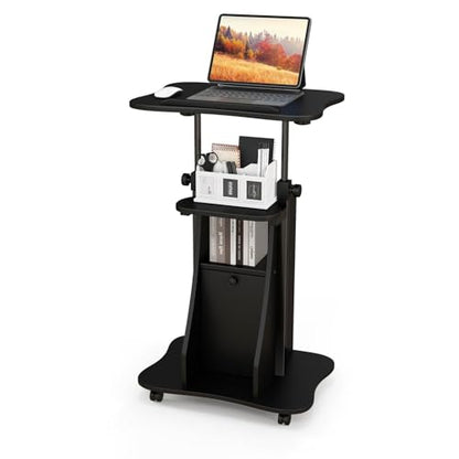 LDAILY Mobile Podium Stand, Height-Adjustable Portable Rolling Laptop Stand with Storage Cabine & Tilting Desktop, Sit to Stand Desk Laptop Cart with Lockable Casters for Office (Black) - color: Black