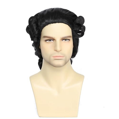 Adequate Men's Black Colonial Judge Wig, 18th Century Gentleman Curly Wig with Ribbon for George Washington Halloween Cosplay Costume Party (Black) - color: C-Black