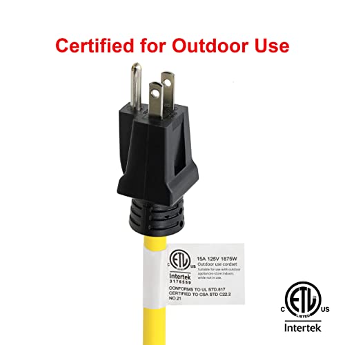 Clear Power 25 ft 12/3 SJTW Heavy Duty Outdoor Extension Cord, Water & Weather Resistant, Flame Retardant, Yellow, 3 Prong Grounded Plug, CP10144 - size: 25 ft