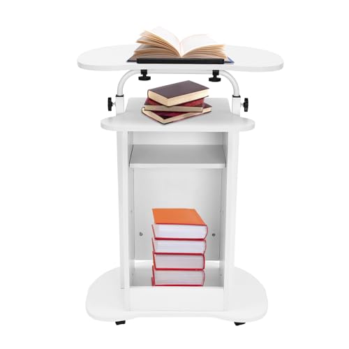 Portable Podium Stand, Mobile Height Adjustable Church Classroom Lecture Teacher Speaker Presentation Stand Concert Podium Standing Desk Laptop Holder (White) - color: White