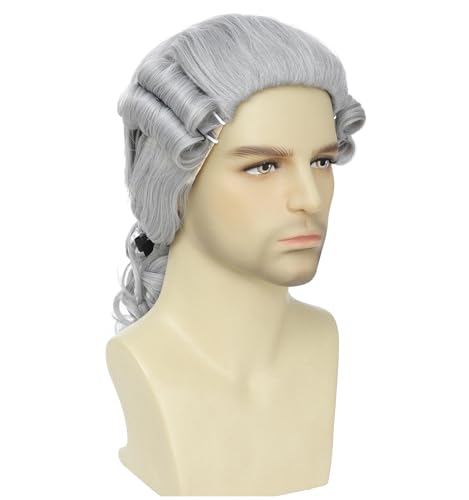 ByouByou Men's Colonial Judge Wig,18th Century Washington Wig, Historical Barrister Cosplay Wig for Halloween Christmas Party (Dark Gray) - color: Dark Gray