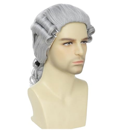 ByouByou Men's Colonial Judge Wig,18th Century Washington Wig, Historical Barrister Cosplay Wig for Halloween Christmas Party (Dark Gray) - color: Dark Gray