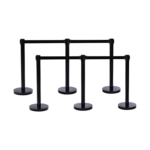 4pcs Heavy Duty Crowd Control Stanchion, Stanchion Post with 6.5 Foot Retractable Belt, Stainless Steel Black Stanchions Set Retractable Barrier Belt, 2.9 Ft Tall