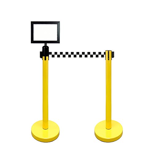 Retractable Stanchion, 6 SPECIALTY Posts + Signframe, 36" Ht, 78" Special Event & Holiday Theme Belt + Bonus Replacement Cassettes + Wall Receiver (YEL Post/Checker Belt) - color: Yel Post/ Checker Belt