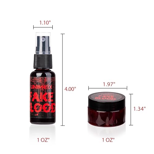 UNIMEIX 1 OZ Fake Blood Spray and 1 OZ Gel Fake Blood Makeup Kit Washable Sfx Makeup for Clothes Mouth Eyes，Stage Blood for Halloween Zombie Vampire Cosplay Party