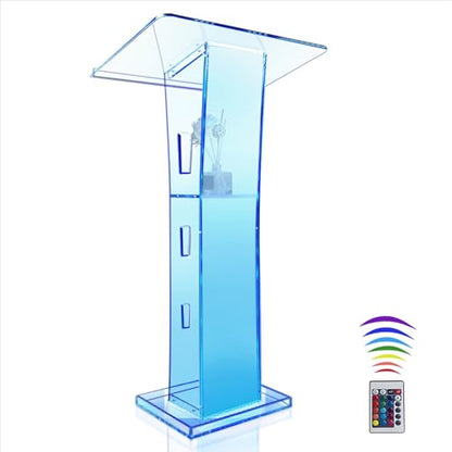 Acrylic Podium Stand, Ultra Clear 43'' Pulpits for Churches with 15 Color Adjustable, Modern Lectern with Storage Sheld for Church,Conference,Speech,Classroom, 23.62”x 15.75”X 43.3”