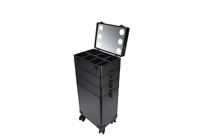 4 in 1 Rolling Makeup Train Case with Light & Mirror, Interchangeable Cosmetic Box, Cosmetology Caboodle Case on 360° Wheels, Beauty Storage Luggage(Black) - color: Deep Black
