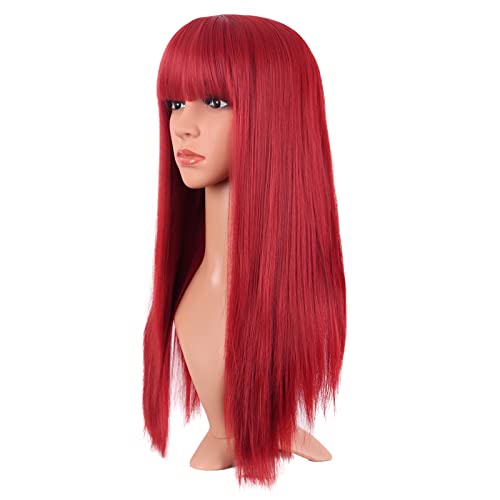 MapofBeauty 24 Inch Long Straight Flat Bangs Party Cosplay Wig, Red | 60 cm Synthetic Hair Wig, Heat Resistant, Women - color: Red